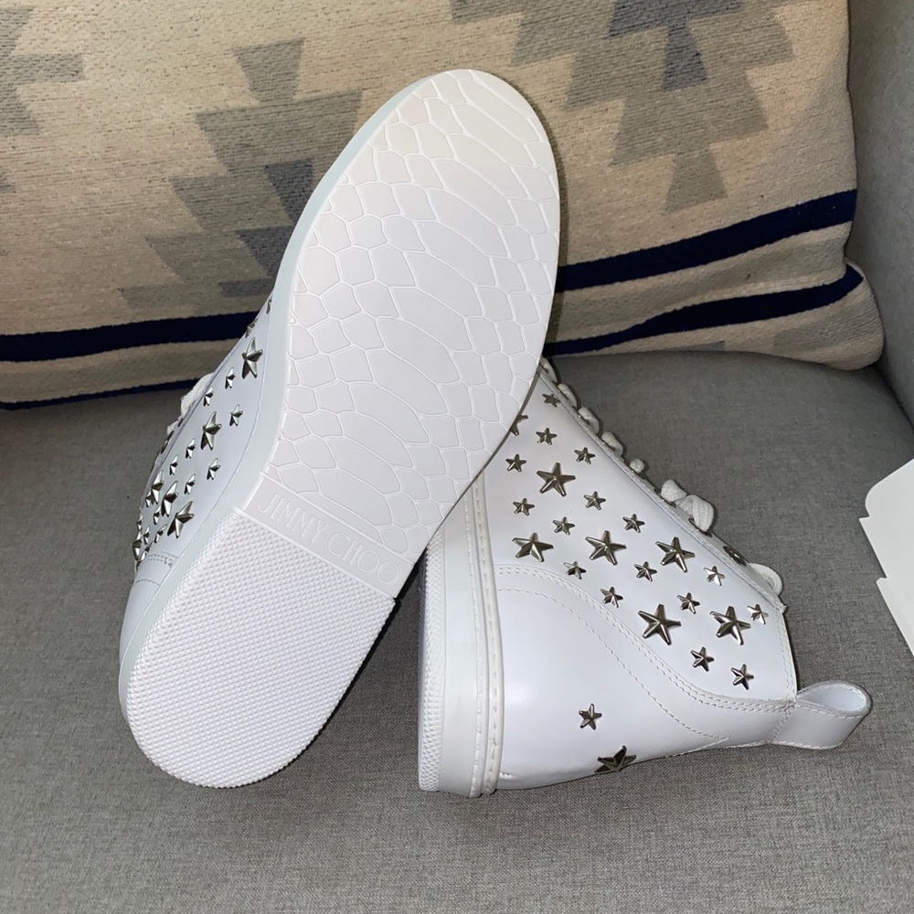 FINAL SALE Jimmy Choo colt studded star mid top WHITE sneakers logo NWT - Picture 7 of 9